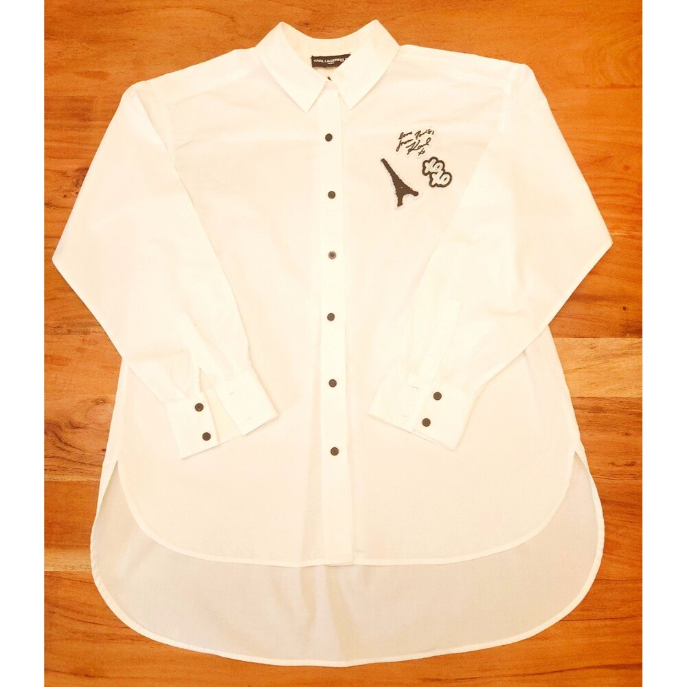 Karl Lagerfeld Paris Womens White Cotton High Low Button Down Shirt Travel